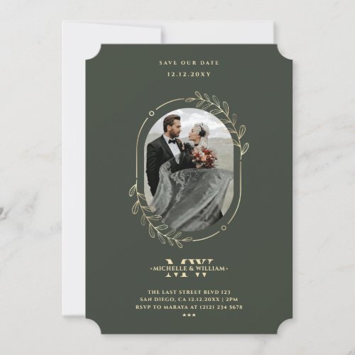 Elegant Modern Monogram Wedding Green Gold Wreath Save The Date