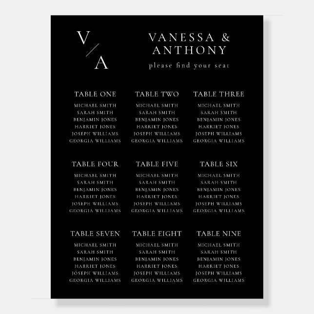 Elegant Modern Monogram Wedding Seating Chart Foam Board (Front)