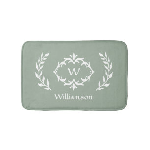 Elegant Modern Monogram Wreath Sage Green White Bath Mat