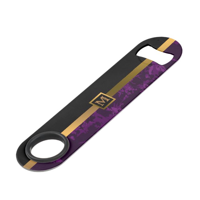 Elegant Modern Monogrammed Marble Black Gold Bar Key (Front Angled)