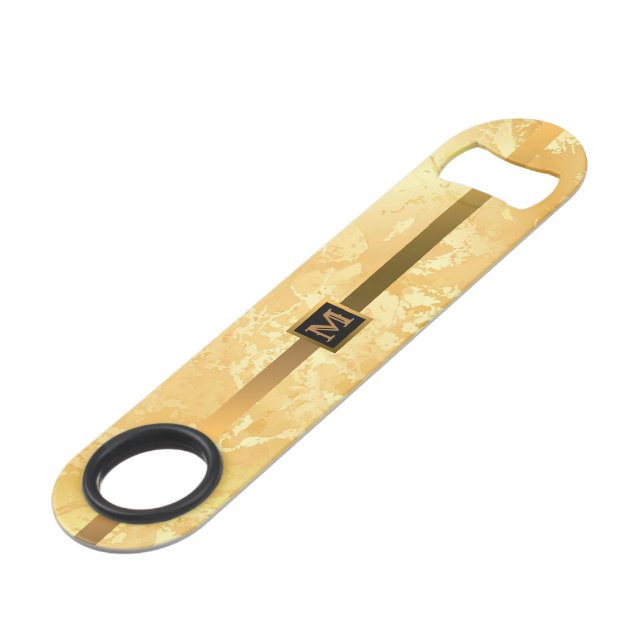 Elegant Modern Monogrammed Marble Black Gold Bar Key (Front Angled)