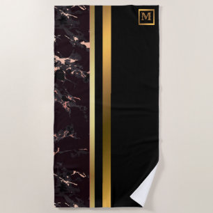 Elegant Modern Monogrammed Marble Black Gold Beach Towel