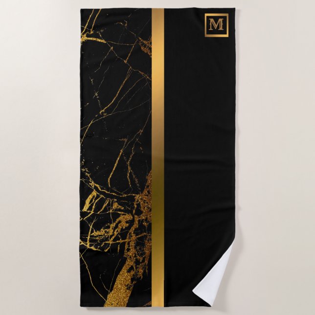 Elegant Modern Monogrammed Marble Black Gold Beach Towel (Front)