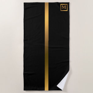 Elegant Modern Monogrammed Marble Black Gold Beach Towel