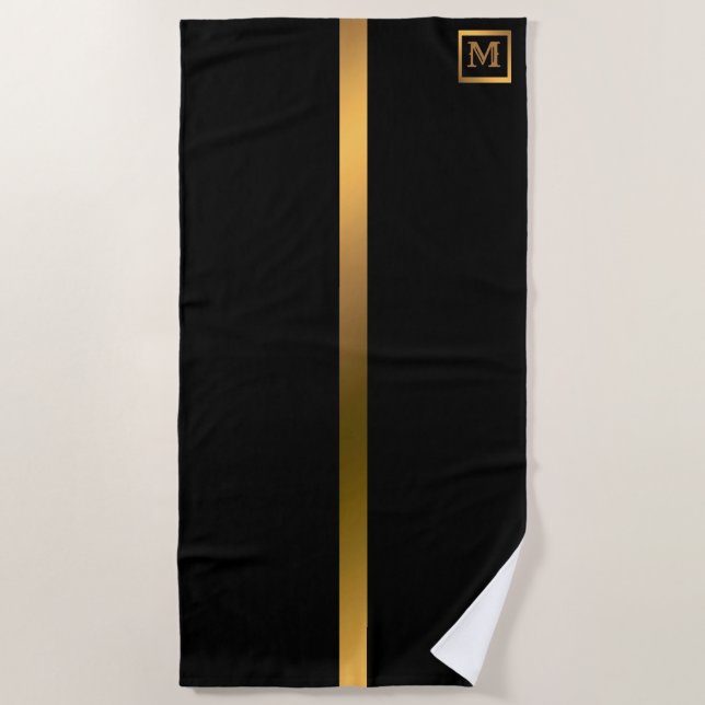 Elegant Modern Monogrammed Marble Black Gold Beach Towel (Front)