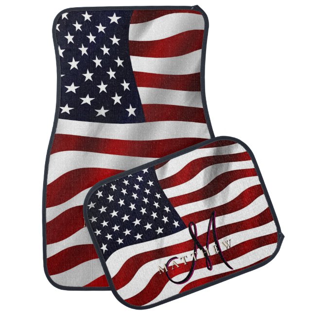 Elegant Modern Monogrammed Patriotic US Flag Car Floor Mat (Set)