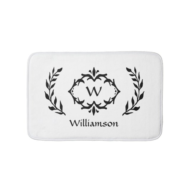 Elegant Modern Monogrammed Wreath Black White Chic Bath Mat (Front)