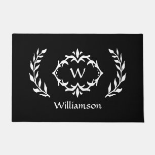 Elegant Modern Monogrammed Wreath Chic Black White Doormat