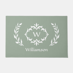 Elegant Modern Monogrammed Wreath Chic Sage Green Doormat