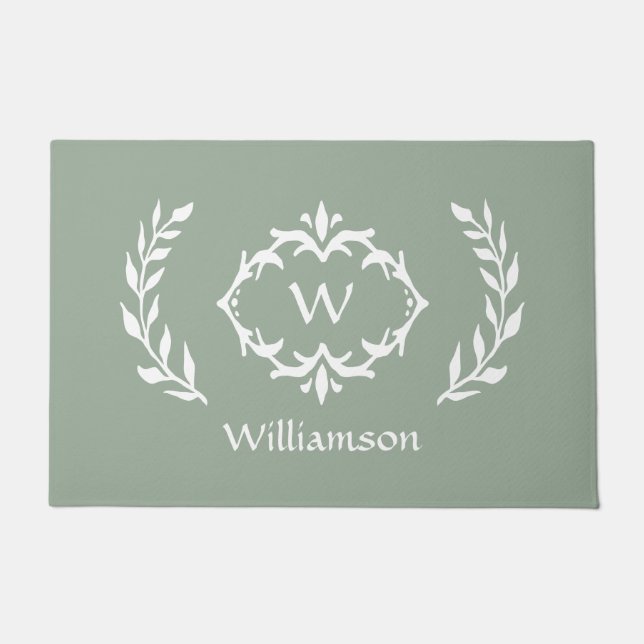 Elegant Modern Monogrammed Wreath Chic Sage Green Doormat (Front)