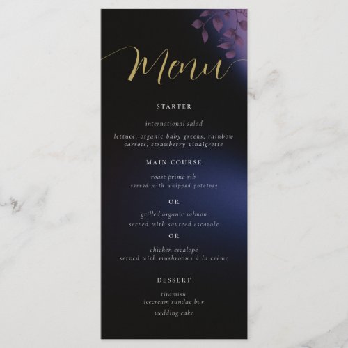 Elegant Modern Moody Black Dark Purple Wedding Menu