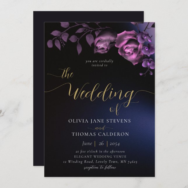 Elegant Modern Moody Black Purple Floral Wedding Invitation (Front/Back)