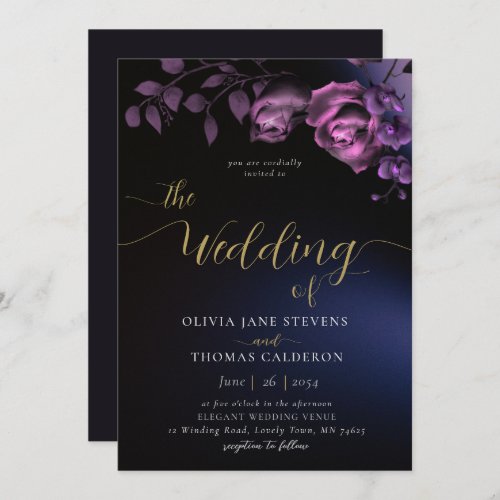 Elegant Modern Moody Black Purple Floral Wedding Invitation