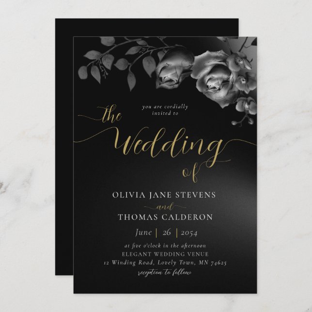 Elegant Modern Moody Black White Floral Wedding Invitation (Front/Back)