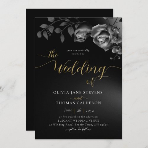 Elegant Modern Moody Black White Floral Wedding Invitation