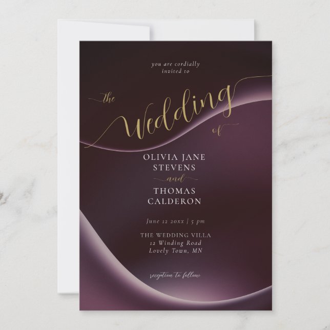 Elegant Modern Moody Burgundy Purple Wedding Invitation (Front)