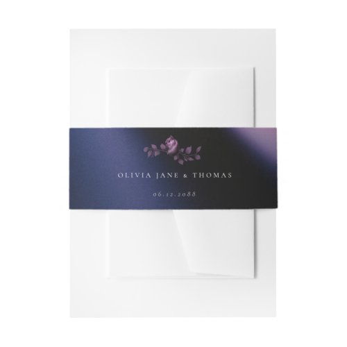 Elegant Modern Moody Dark Purple Floral Wedding Invitation Belly Band