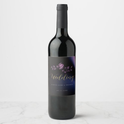 Elegant Modern Moody Dark Purple Floral Wedding Wine Label