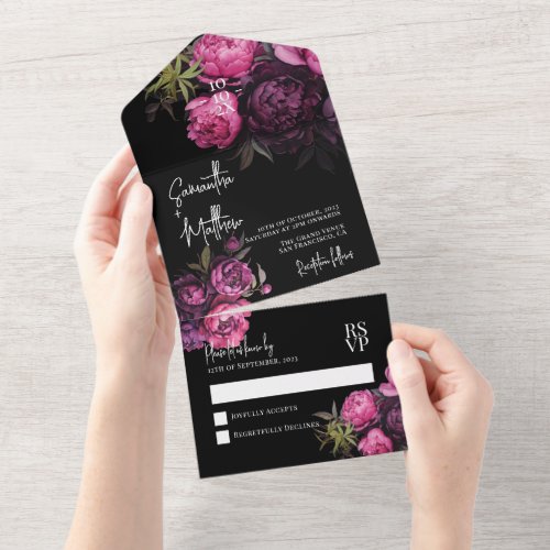 Elegant Modern Moody Florals Black Wedding All In One Invitation