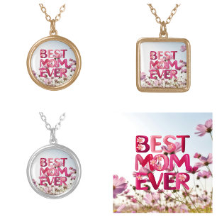 Elegant Modern Mother's Best Mom Ever Pink Floral Silver Plated Necklace