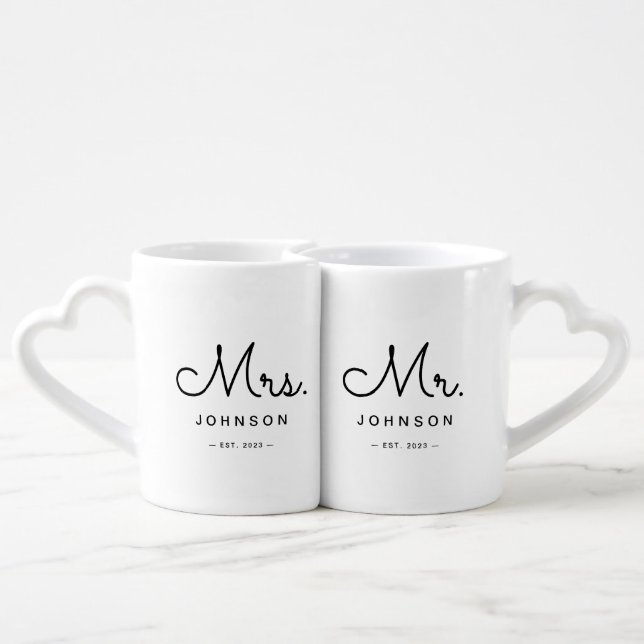 Elegant Modern Mr & Mrs Custom Last Name  Coffee Mug Set (Back Nesting)