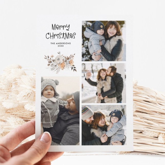 Elegant Modern Multi Photo Botanical Watercolor  Holiday Card (Creator Uploaded)