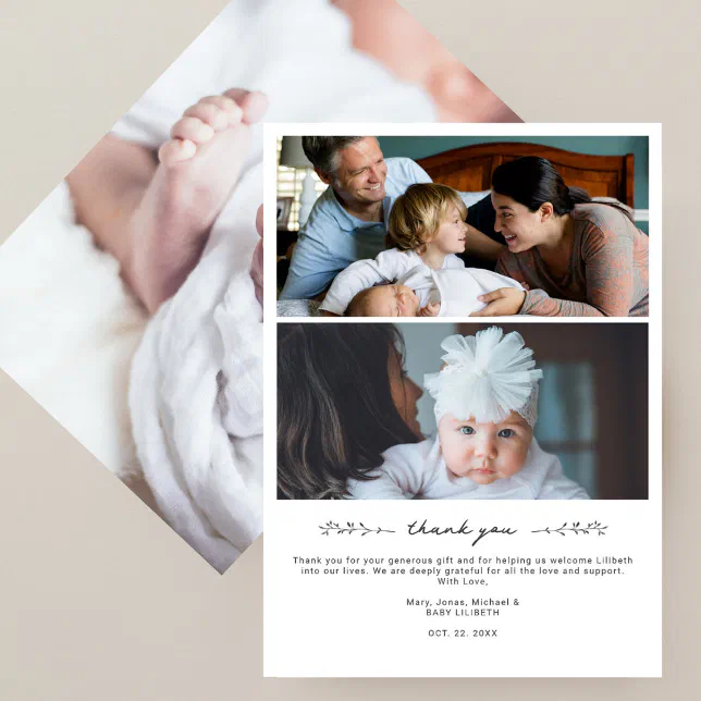 Elegant Modern Multi Photo Collage Baby Shower Thank You Card | Zazzle