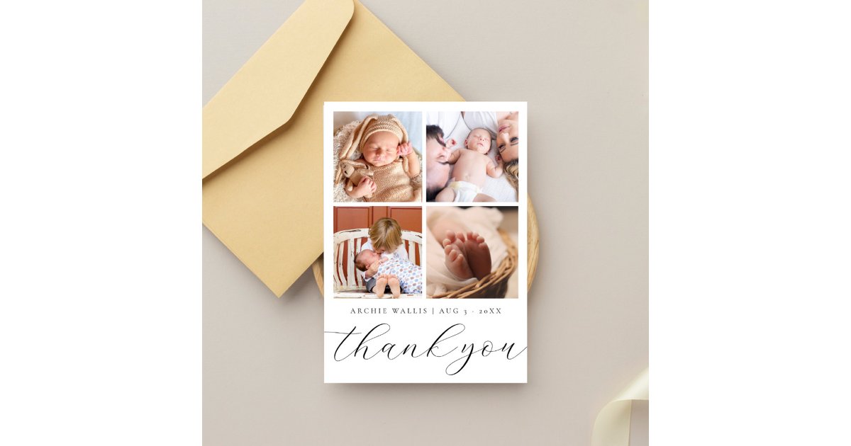 Elegant Modern Multi Photo Collage Baby Shower Thank You Card | Zazzle