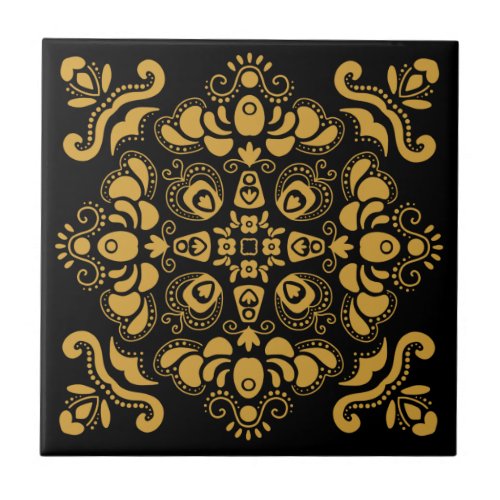 Elegant Modern Mustard Yellow Gold Ornament Black Ceramic Tile