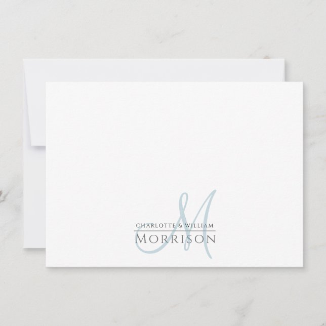 Elegant Modern Muted Blue Monogram Couple Note Card (Front)