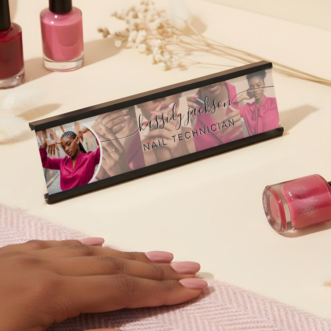 Elegant Modern Nail Technician Script Name Photo Desk Name Plate (White Modern Photo Collage Script Calligraphy Name Desk Name Plate)