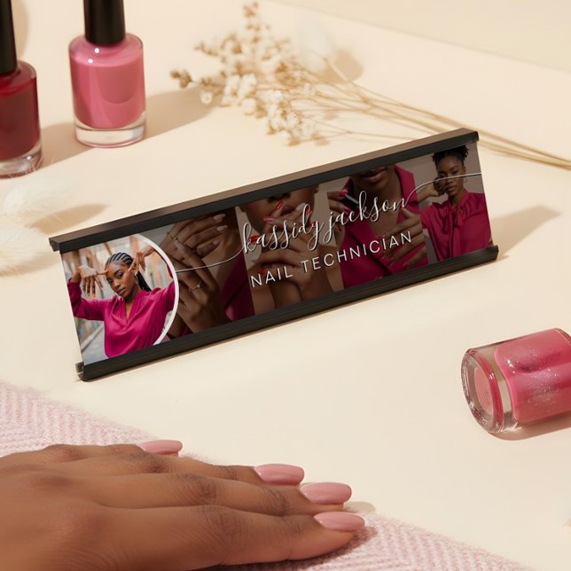 Elegant Modern Nail Technician Script Name Photo Desk Name Plate (Black Modern Photo Collage Script Calligraphy Name Desk Name Plate)