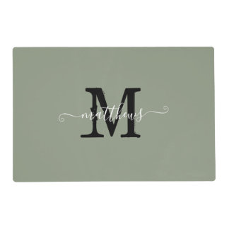 Elegant Modern Name Monogram Script Sage Green Placemat