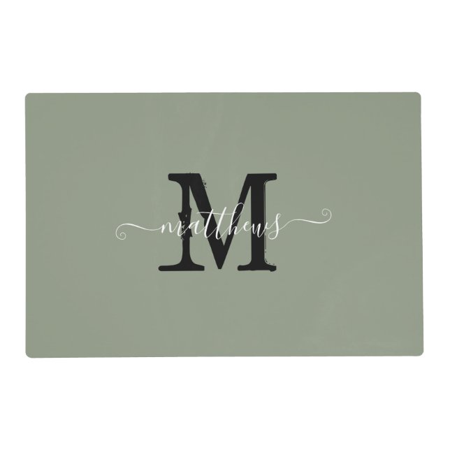 Elegant Modern Name Monogram Script Sage Green Placemat (Front)