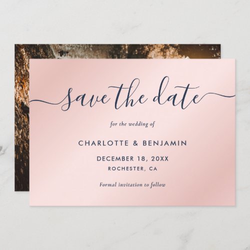 Elegant Modern Navy Blue and Blush Photo Announcement