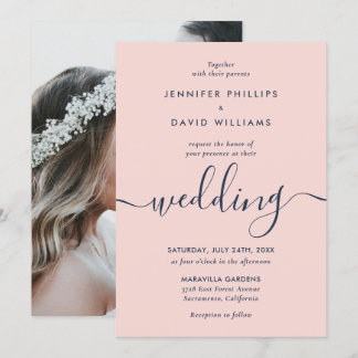 Elegant Modern Navy Blue and Blush Photo Wedding Invitation