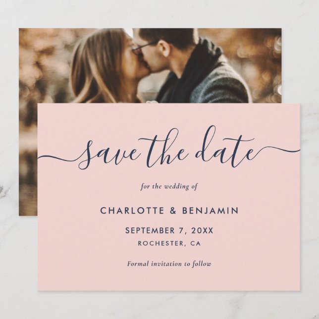 Elegant Modern Navy Blue and Blush Photo Wedding Save The Date (Front/Back)