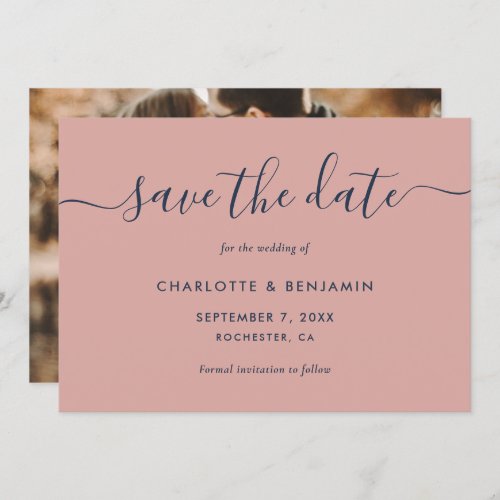 Elegant Modern Navy Blue and Blush Photo Wedding Save The Date