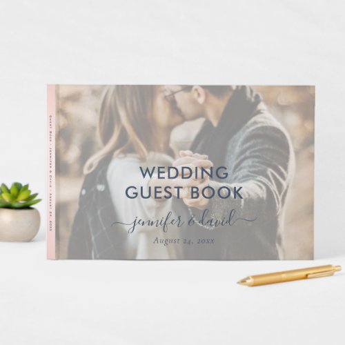 Elegant Modern Navy Blue and Blush Script Photo Guest Book