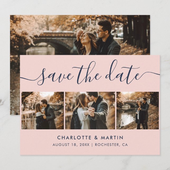 Elegant Modern Navy Blue and Blush Wedding 4 Photo Save The Date (Front/Back)