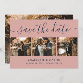 Elegant Modern Navy Blue and Blush Wedding 4 Photo Save The Date