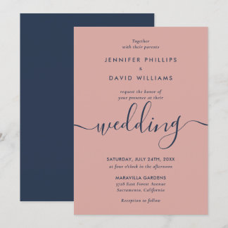 Elegant Modern Navy Blue and Blush Wedding Invitation