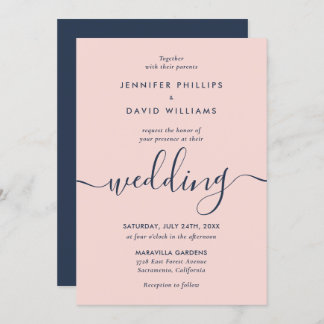 Elegant Modern Navy Blue and Blush Wedding Invitation