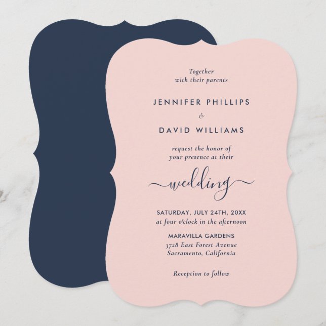 Elegant Modern Navy Blue and Blush Wedding Invitation (Front/Back)