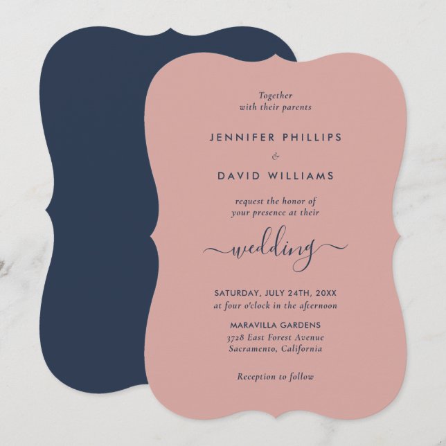 Elegant Modern Navy Blue and Blush Wedding Invitation (Front/Back)