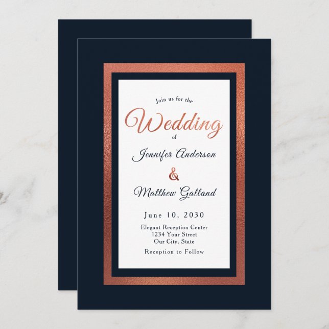 Elegant Modern Navy Blue and Copper Wedding Invitation (Front/Back)