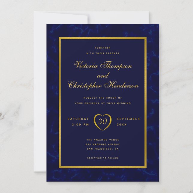Elegant Modern Navy Blue and Gold Script Wedding Invitation (Front)