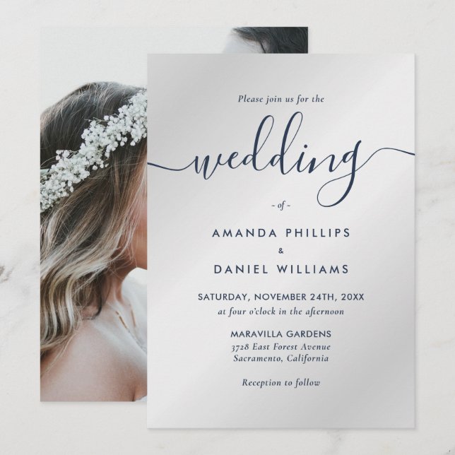 Elegant Modern Navy Blue and Silver Photo Wedding Invitation (Front/Back)