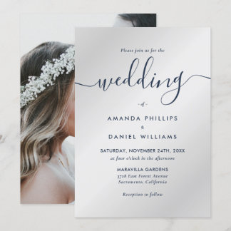 Elegant Modern Navy Blue and Silver Photo Wedding Invitation