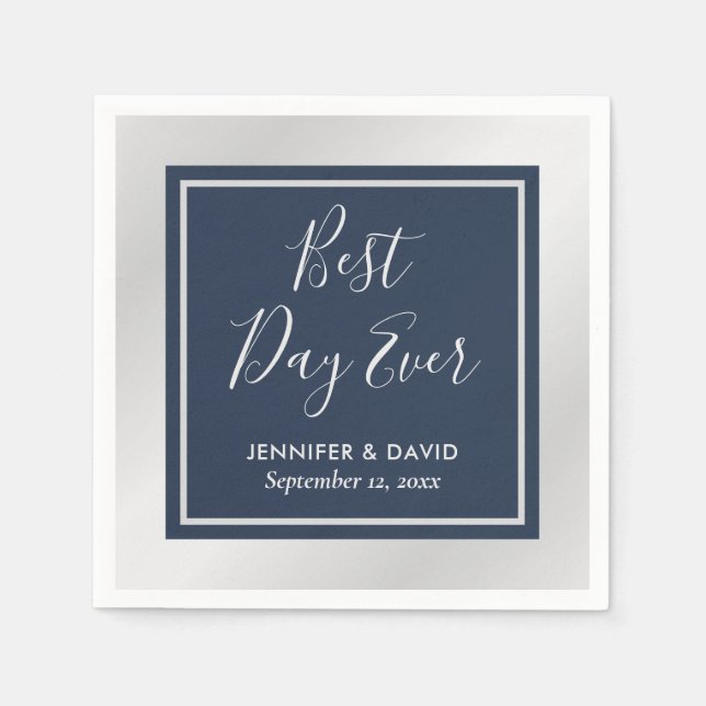 Elegant Modern Navy Blue and Silver Wedding Napkins (Front)
